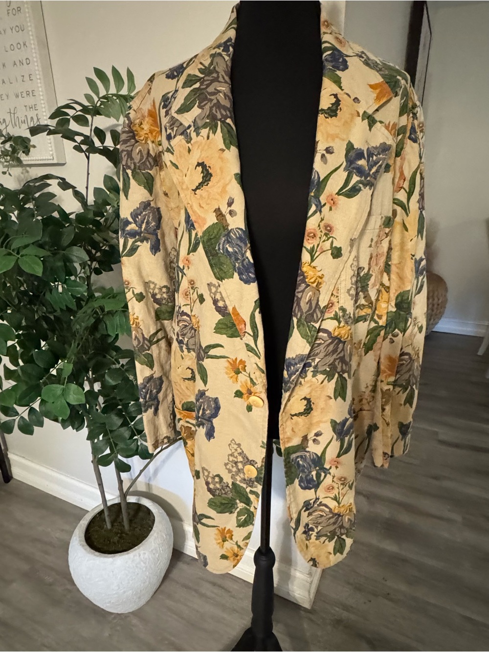 Vintage Ralph Lauren Cream Blazer with Blue and Yellow Blooms Linen size 12